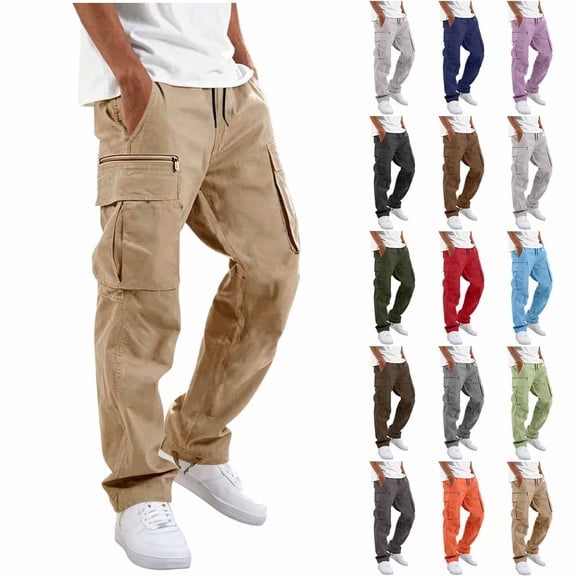 Axiiglly Cargo Pants for Men, Casual Cotton Elastic Waist Straight Leg Outdoor Hiking Work Pants with Multi Pockets M-3XL