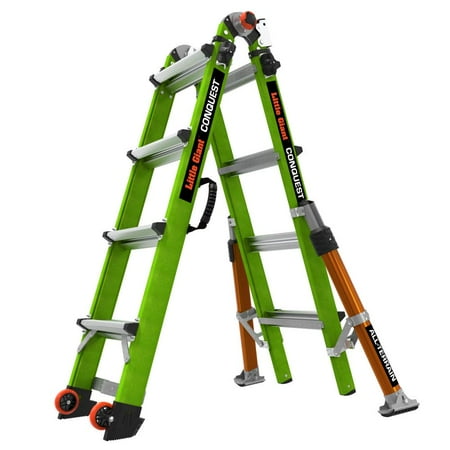 Little Giant Safety Conquest All-Terrain Model 17 - Ansi Type 1A - 300 Lb Rated - Fiberglass Articulated Extendable Ladder With Adjustable Outriggers Accessory Ports Carry Handle V-Bar And Tip And