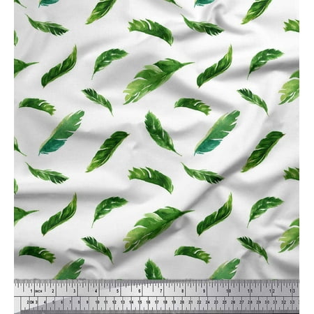 Soimoi White polyester Crepe Fabric Palm Leaves Printed Fabric 1 Yard 42 Inch Wide