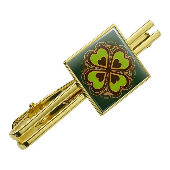 Four Leaf Clover Lucky Square Tie Bar Clip Clasp Tack- Silver or Gold