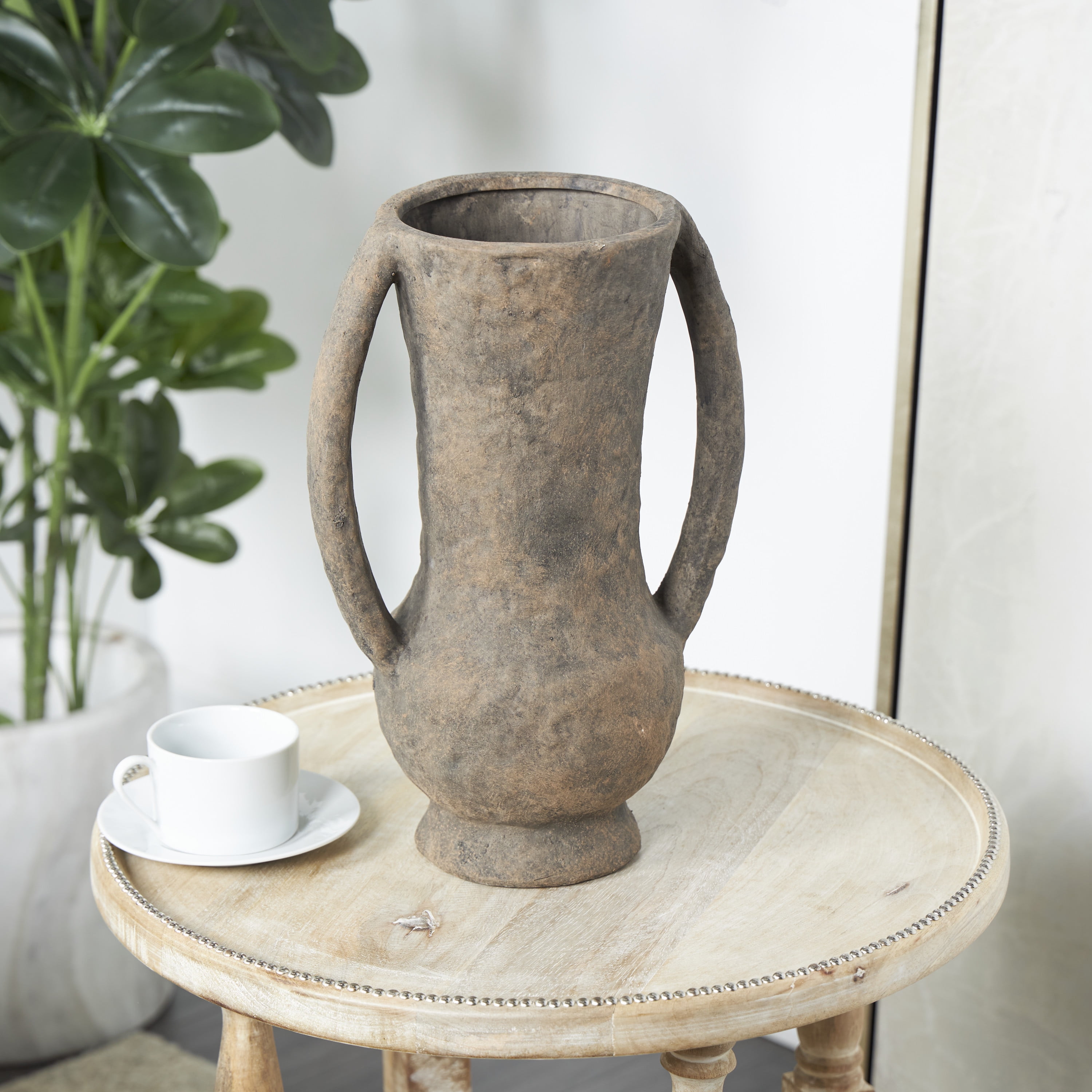 DecMode 15" Handmade Textured Amphora Dark Brown Ceramic Vase with Two Long Handles