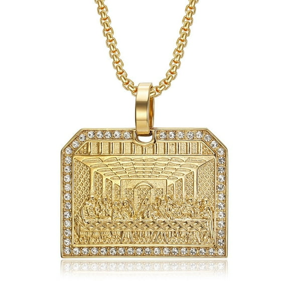 Hip Hop Rhinestones Paved Solid 14K Yellow Gold The Last Supper Square Golden Silver Color Pendants Necklaces for Men Rapper Jewelry Gift