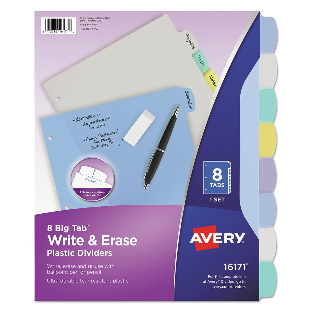 Avery 16171 WRITE and ERASE BIG TAB PLASTIC DIVIDERS, 8-TAB, MULTICOLOR, LETTER (1 Set)