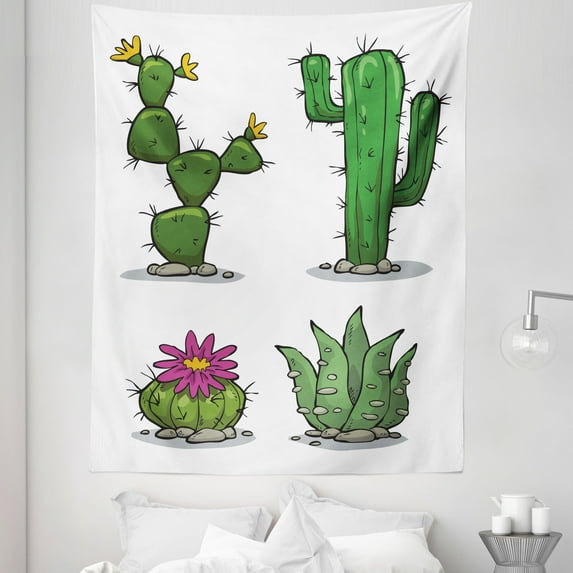 Cactus Tapestry, Pattern of Various Mexican Flora House Plant Assortment of Botanical Elements, Fabric Wall Hanging Decor for Bedroom Living Room Dorm, 5 Sizes, Green Pink Grey, by Ambesonne