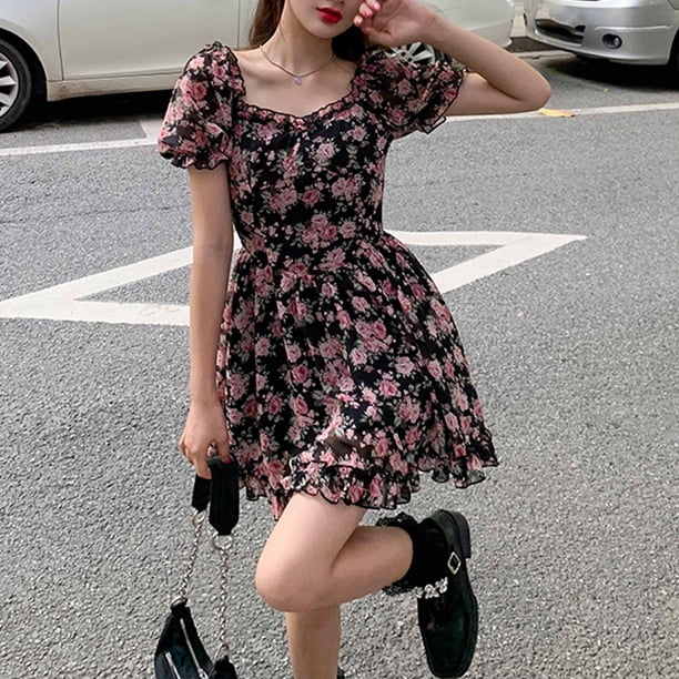 Koton Mini Dress Floral Short Puff Sleeve Square Neck, Vestido Niñas, (PDB