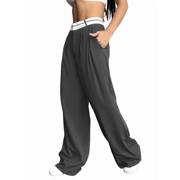 Women'S Wide Leg Pants Casual High Waisted Trousers Long Straight Suit Pant Black XS