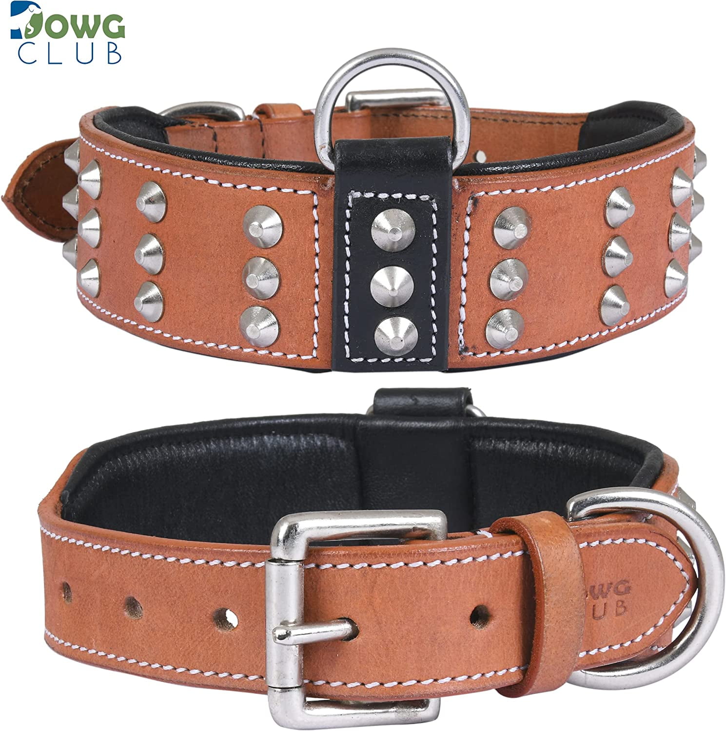 DowgClub | Genuine Leather Dog Collar with Riveted Spikes | Saddle Grade, Full Grain, Heavy Duty | Comfortable, Cushion Padding Inside, Strong | Best for Medium, Large, XL Breeds