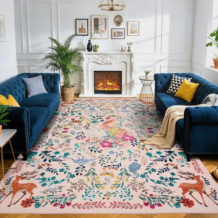 10x13 Washable Area Rug, Non-Slip Low Pile Stain Resistance Rug with Peacock and Deer, Animal Carpet for Living Room, Bedroom, Dining Room, Pink