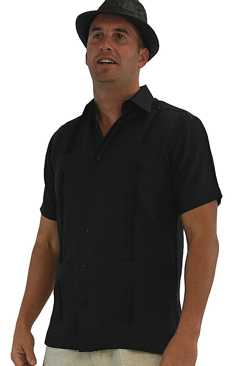 4 S ~ 2XL -LS499 Mens Bohio 100% Linen Black Classic Guayabera - Pocket Shirt