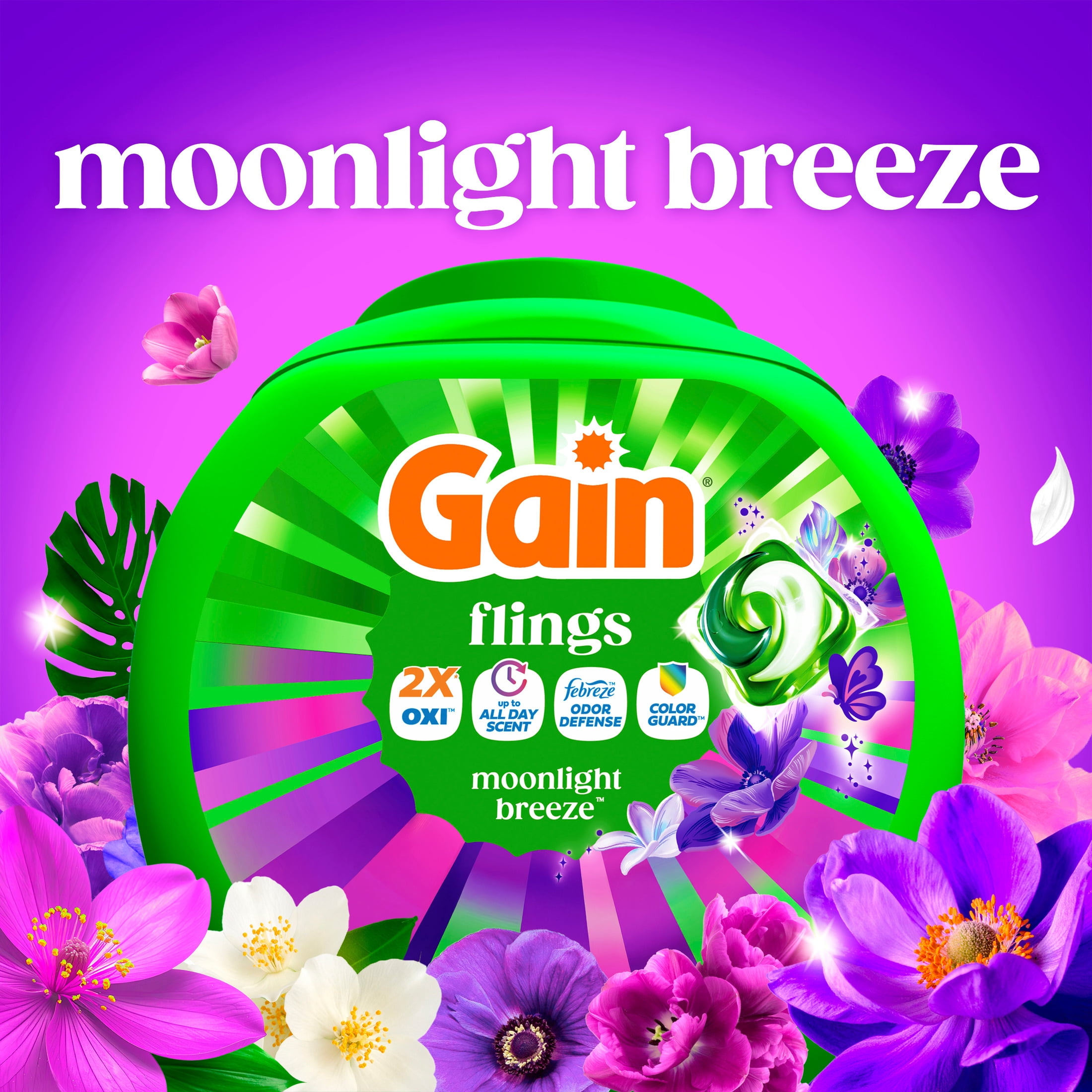 Gain Flings Laundry Detergent Soap Pacs, 4-in-1 Oxi Boost and Febreze, Moonlight Breeze Scent, 60 Count