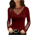 thumbnail image 1 of Pompotops Mode Femme T-Shirt à Manches Longues en Dentelle Col Rond Automne Blouse Ajourée Unie, 1 of 5