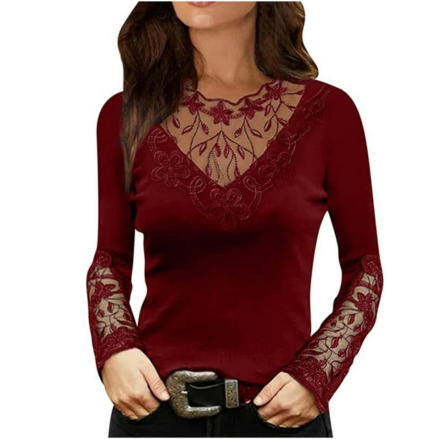 Pompotops Mode Femme T-Shirt à Manches Longues en Dentelle Col Rond Automne Blouse Ajourée Unie