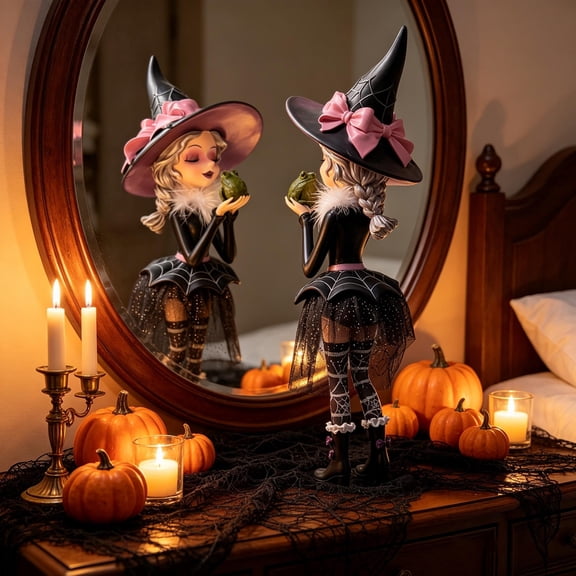 Witch Kissing Frog Figurine Halloween Decorations, Whimsical Resin Witch Statue Goth Decor, Solid Round Stable Base Witch Decorations for Mantel Bookshelf