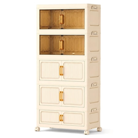 Golyzmt 5-Tier Collapsible Plastic Storage Box with Wheels, Doors and Lids, Stackable Storage Organizers for Living Room, Office, White