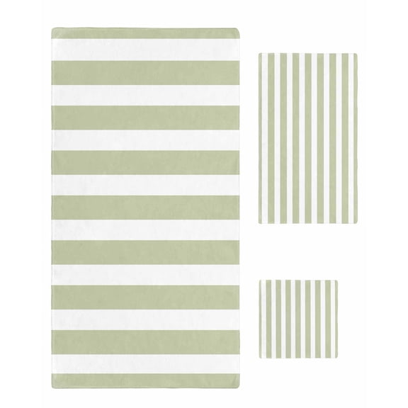 Sage Green Striped Bath Towels for Bathroom Set,Luxury Microfiber Towels Gifts for Women,Beach Kitchen Hand Hair Face Towel and Dish Washcloth,Modern Farmhouse Sage Green White Stripes Towels Set