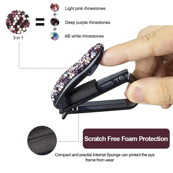ROSON Sunglass Holder for Car Sun Visor, 2 Pack Glasses Holder Clip Hanger Eyeglasses Mount for Car with Bling Rhinestones Crystal Ticket Card Clip (Purple)