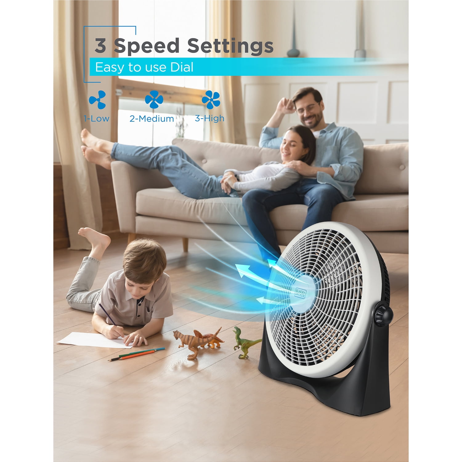 BLACK+DECKER BFF16B 16-In. 3-Speed Portable Floor Fan with Adjustable Tilt, Black