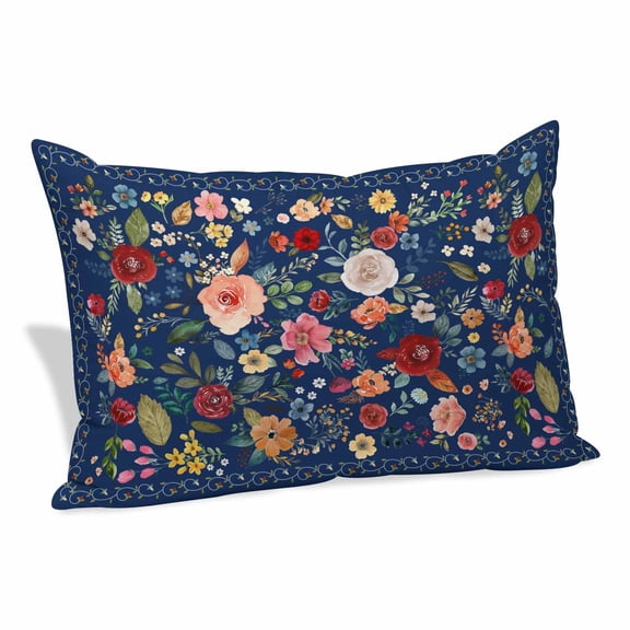Navy Blue Flowers Pillow Covers, Linen Long Throw Pillow Case, Spring Vintage Floral Leaves Farmhouse Holiday Pillow Protector Decorative Cushion Cover for Living Room/Bedroom 12" x 20"