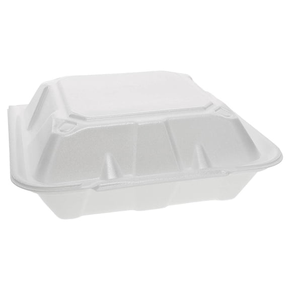 Pactiv Foam Hinged Lid Containers, Dual Tab Lock, 9.13 X 9 X 3.25, 3-compartment, White, 150/carton