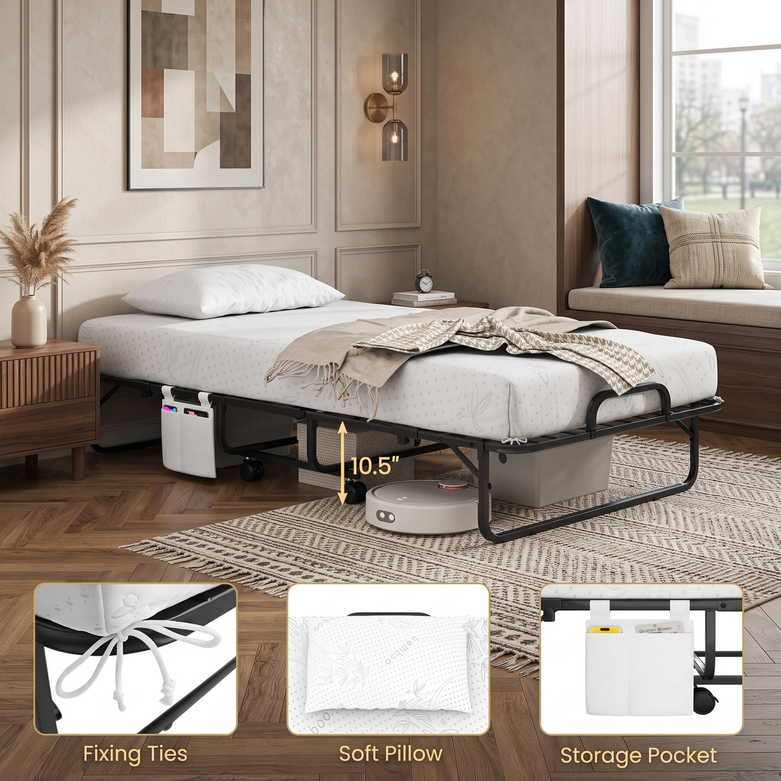 Furnibear Twin Size Folding Bed with 5 Inch Foam Mattress and Wheels for Guest Room and Apartment with Space Saving Design, Black