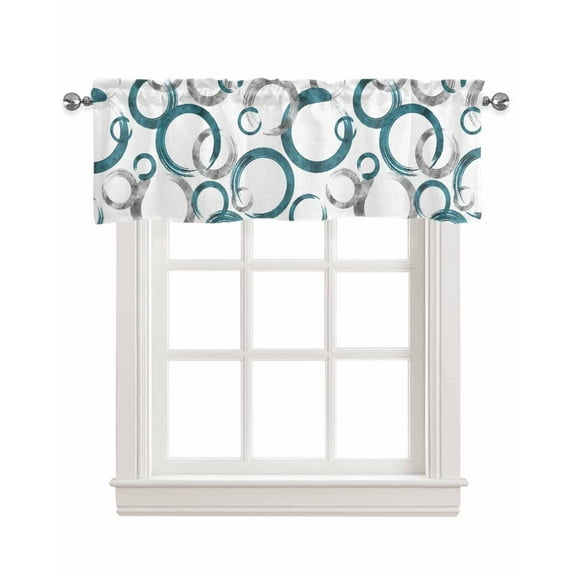 Geometric Teal Linen Curtain Valance for Bedroom/Bathroom/Kitchen/Office/Living/Dining Room Windows,Modern Abstract Painting Circles Gray Rod Pocket Topper Drapes Decorative Cafe Drapery Panel 42x12