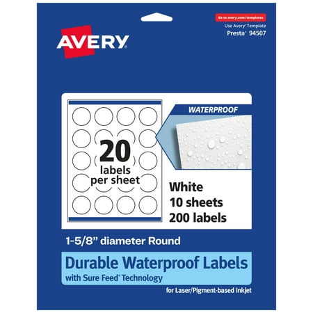 UPC: 0194793910919 | Avery Durable Waterproof Round Labels with Sure Feed  1-5/8  diameter  200 Oil and Tear-Resistant Waterproof Labels  Print-to-the-Edge  Laser/Pigment-Based Inkjet Printable Labels