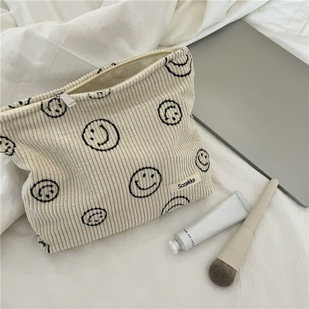 Bolsa Estuche de cosméticos de pana con cara sonriente para mujer, neceser de viaje para maquillaje (beige)