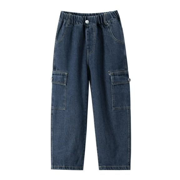 LUOGENLI Boys Jeans Size 10 Boys Straight Leg Cargo Pants with Wide Legs Made of Denim Pants Boys Jeans Size 16 Relaxed Fit Blue 15-16 Years