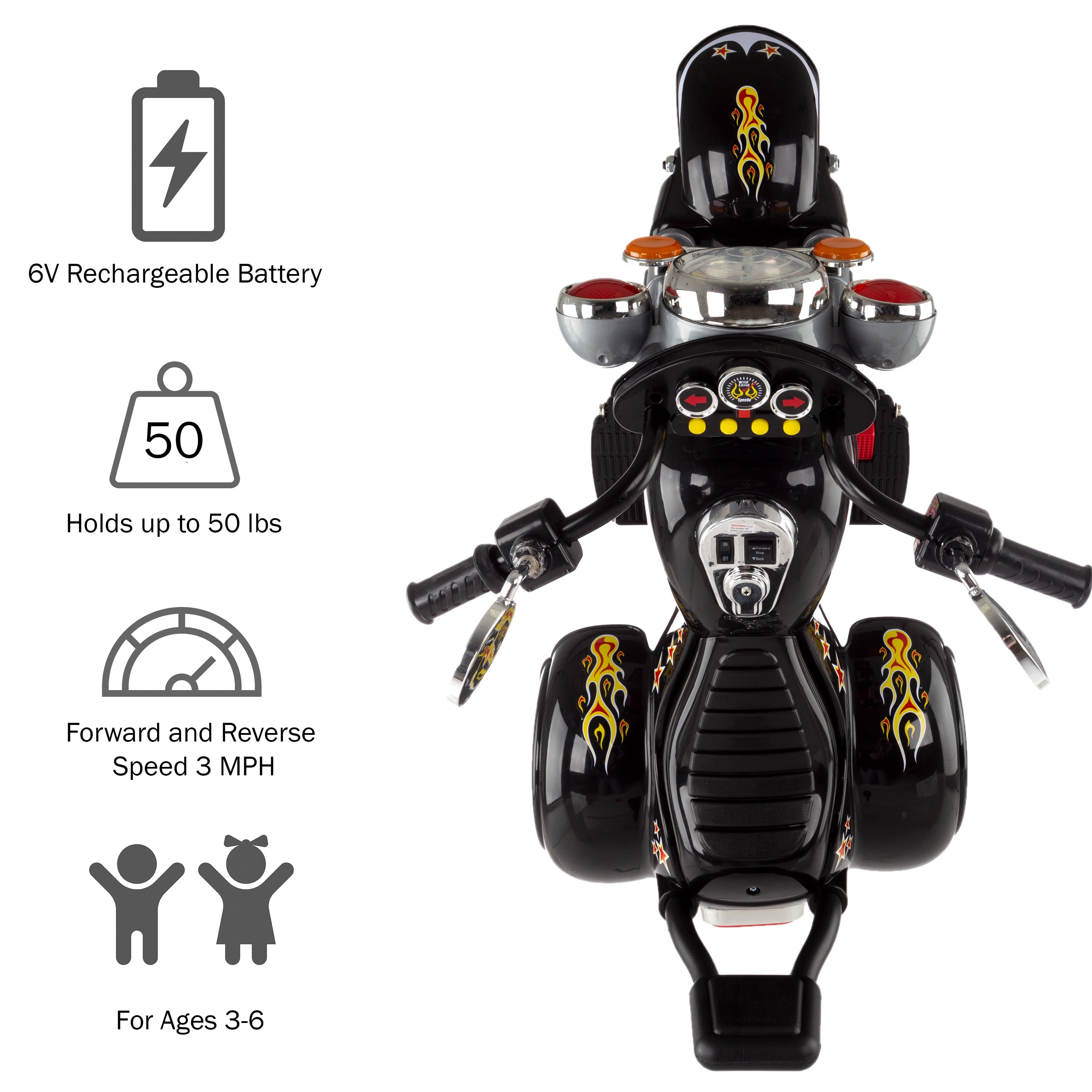 Lil' Rider Ride-On Electric Motorcycle for Kids with Flame Decals (Black)