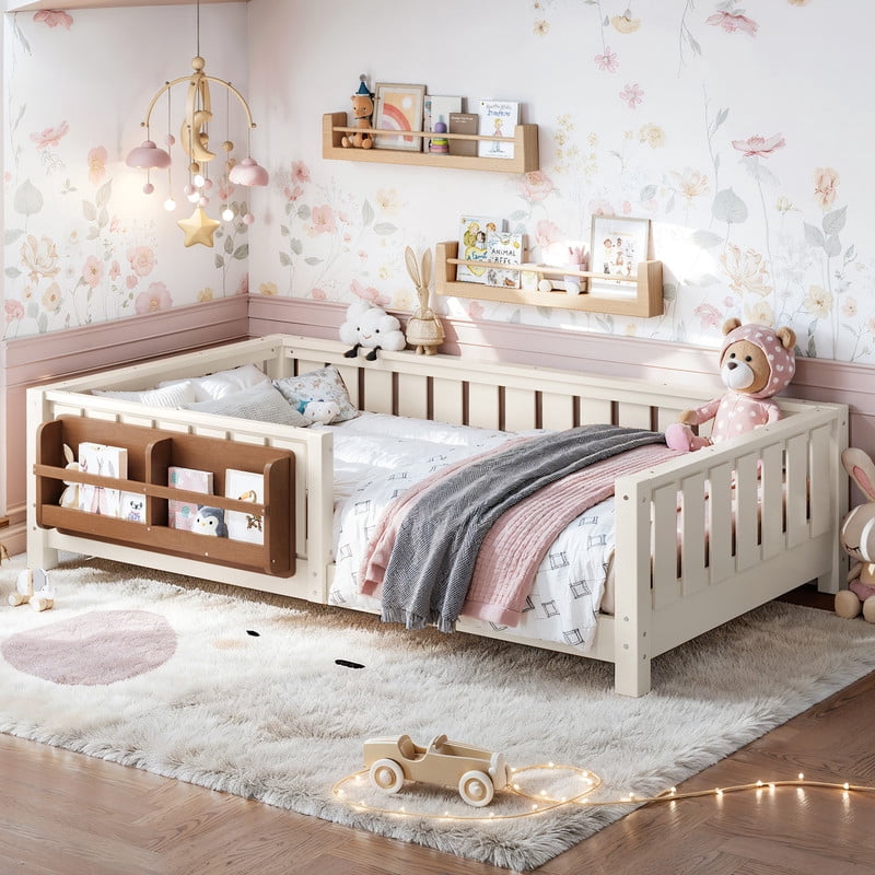 URTR Twin Size Montessori Floor Bed with Storage Bookshelf and High-Quality Safety Guardrail, Wooden Twin Floor Bed Frame, Wooden Platform Bed, Low Profile Twin Bed with Fence and Headboard, Beige