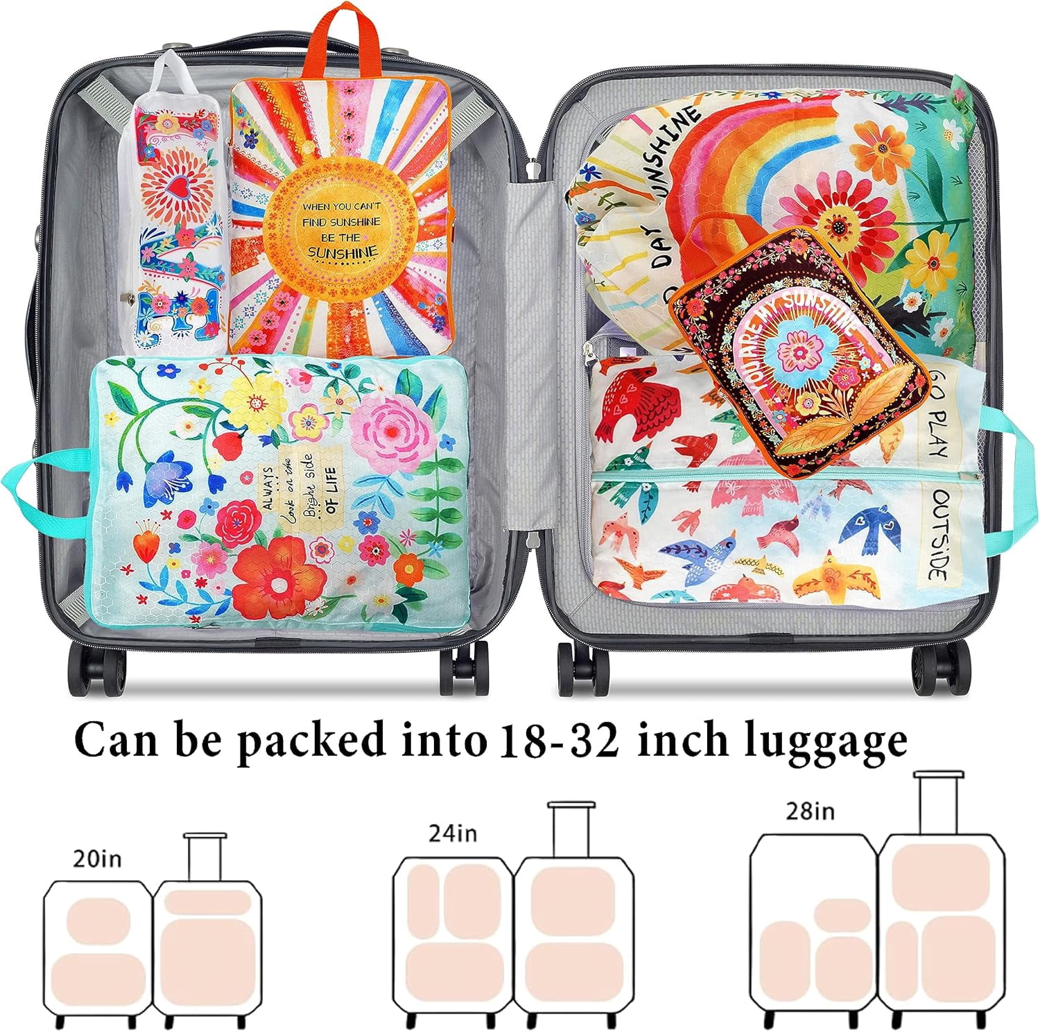 Compression Packing Cubes for Travel- Natural Bohemia Sunshine Luggage Organizers 6 Piece Set-Ultralight, Expandable/Compression Packing Cubes and Travel Organizers