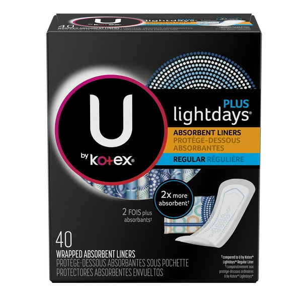 U by Kotex Lightdays PLUS Liners, Regular, Unscented, 40 Count