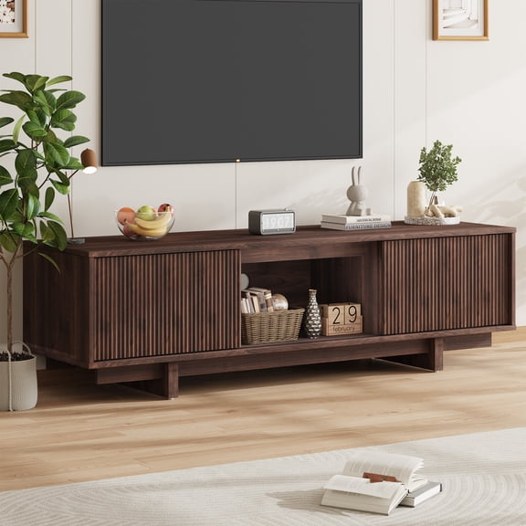 63 Inch TV Stand, Farmhouse TV Stand with Louvered Door, Mid Century Entertainment Center with Storage, TV and Media Console for Living Room