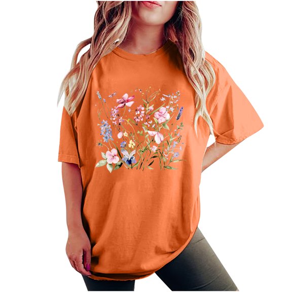 QQZ Oversized Tshirts for Women Flower Graphic Tees Summer Crew Neck Short Sleeve Loose Fit Multicolor Multiple Sizes Available Tops 2026