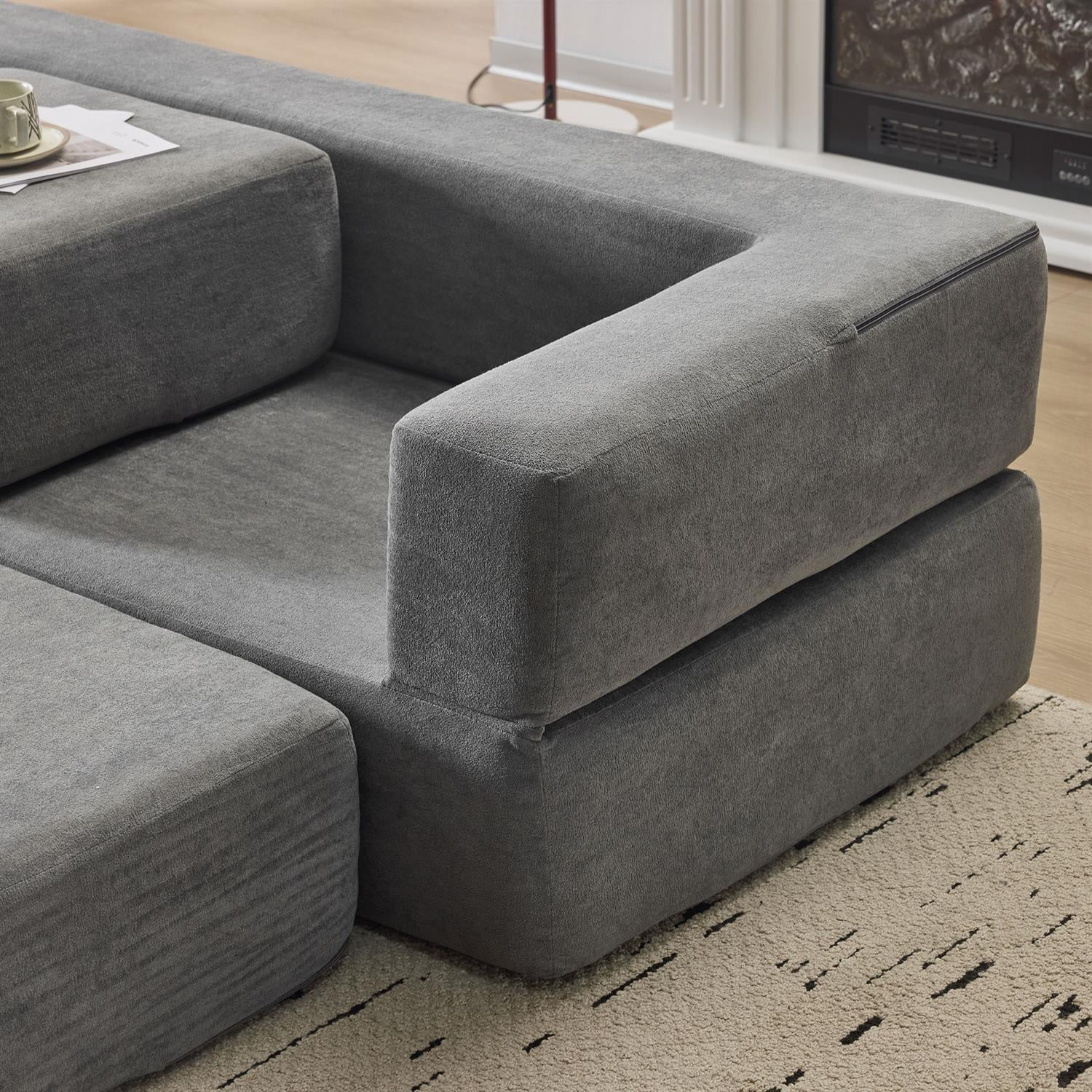 Demi Bonn Convertible Sectional Sofa with 3 Storage Ottomans, Space-Saving Chenille Couch, High-Resilience Foam for Studio Apartments & Home Offices, Gray