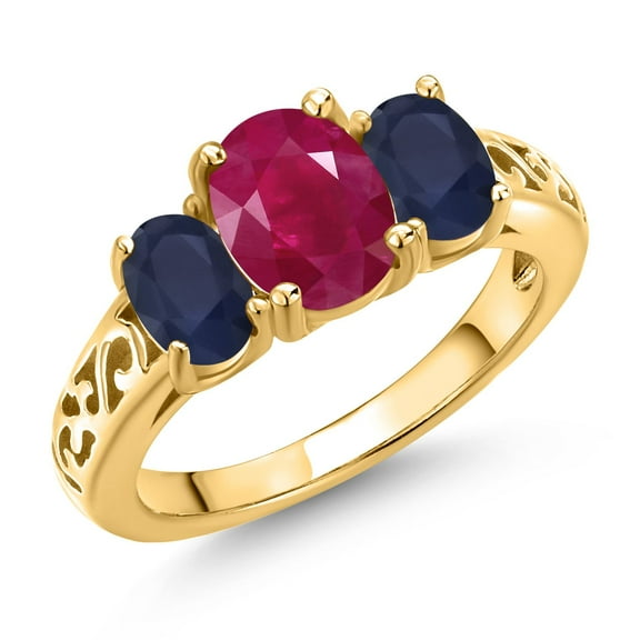 Gem Stone King 18K Yellow Gold Plated Silver Red Ruby and Blue Sapphire Filigree Style 3 Stone Ring for Women (2.71 Cttw, Oval 8X6MM and 6X4MM) (Size 7)