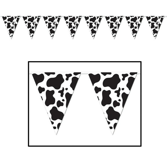 Party Central Club Pack of 12 Black and White Cow Printed Pennant Hanging Banner Decors 12'