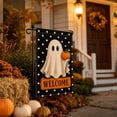 thumbnail image 5 of 12x18 Inch Halloween Ghost Welcome Garden Flag, Double Sided Weather Resistant Yard Flag with White Polka Dots Pumpkin, Spooky Fall Outdoor Lawn Porch Home Halloween Thanksgiving Decor Flag, 5 of 7