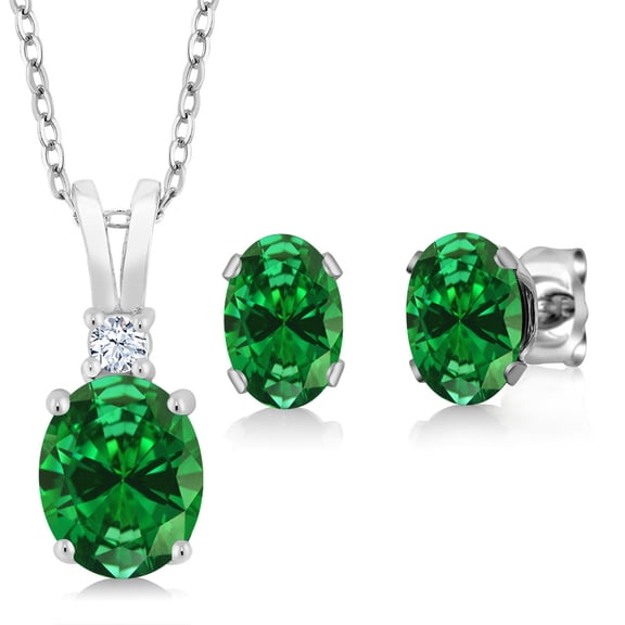 Gem Stone King 4.63 Cttw Oval Green Simulated Emerald Pendant and Earrings Jewelry Set for Women | 925 Sterling Silver | Oval 8X6MM and 7X5MM | With 18 inch Silver Chain