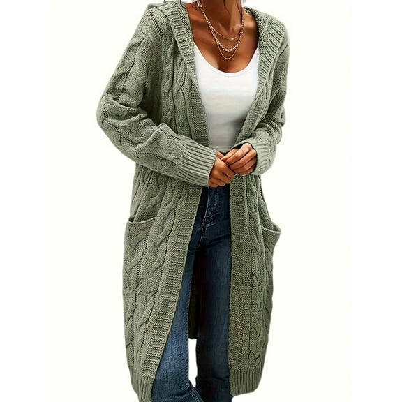 Womens Long Sleeve Open Front Cardigans Hooded Jacket Chunky Knit Draped Sweaters Outwear Green XL