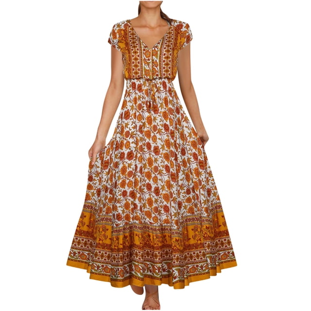 QIPOPIQ Robe Maxi pour Femme Plage Élégante à Manches Courtes Tendance Bohème à Imprimé Floral Robe d'Été à Volants Col en V Bandage Longue Robe Offres 2023