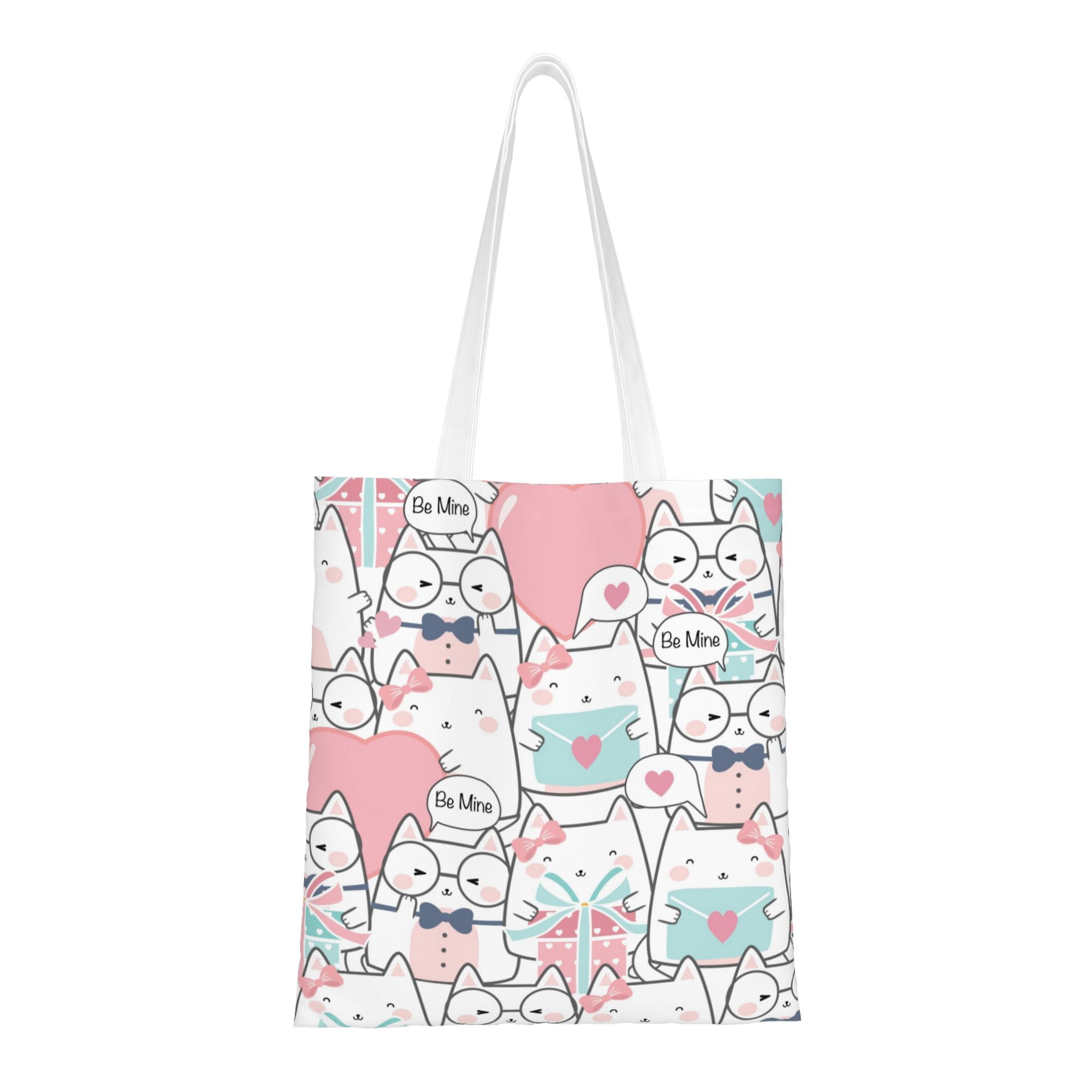 DouZhe Reusable Grocery Bags Cute Pastel Cartoon Cats Lightweight Polyester Canvas Cloth Tote Bag for Travle Gym Shopping School 15 x 16