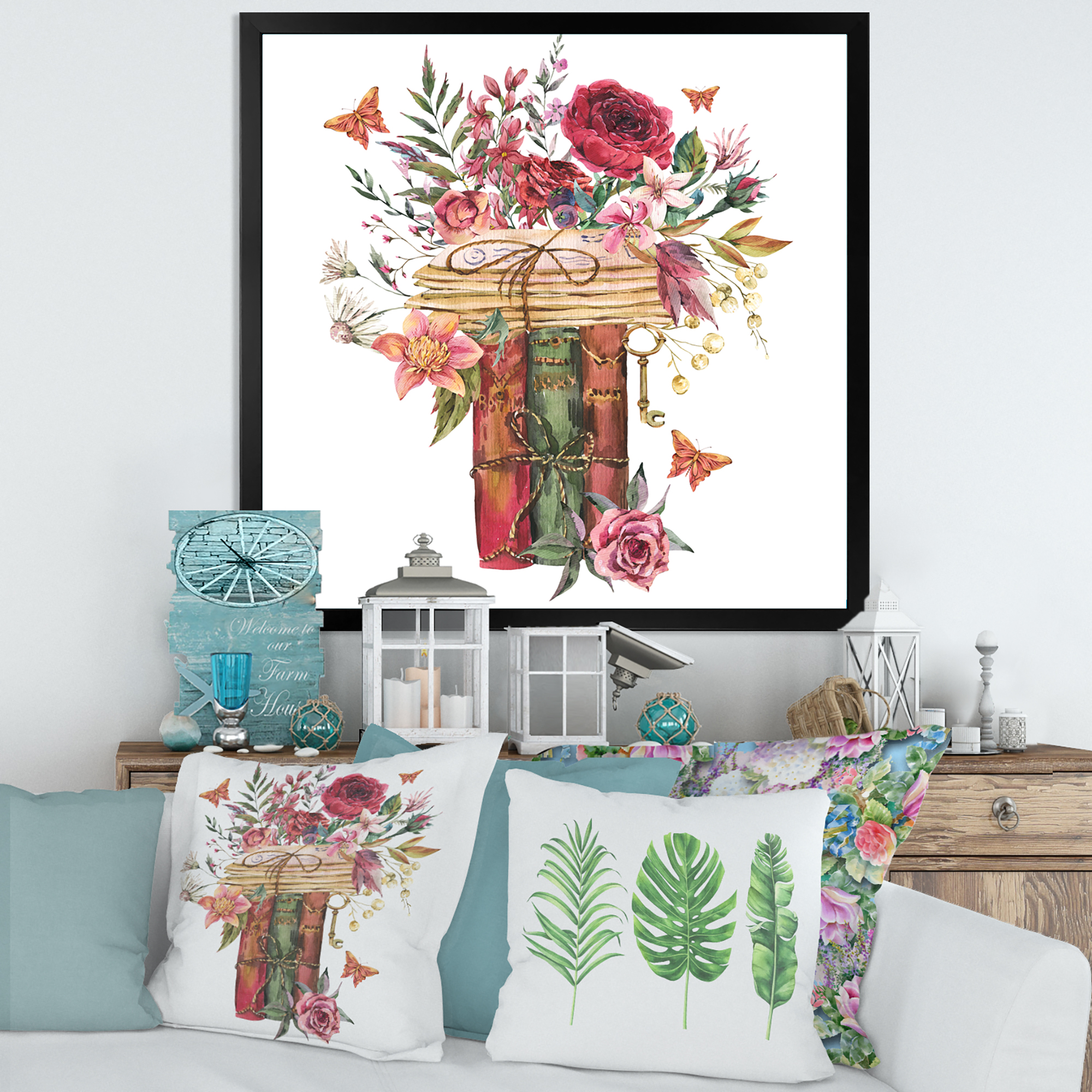 Designart 'Wildflowers With Vintage Old Books' Farmhouse Framed Art Print