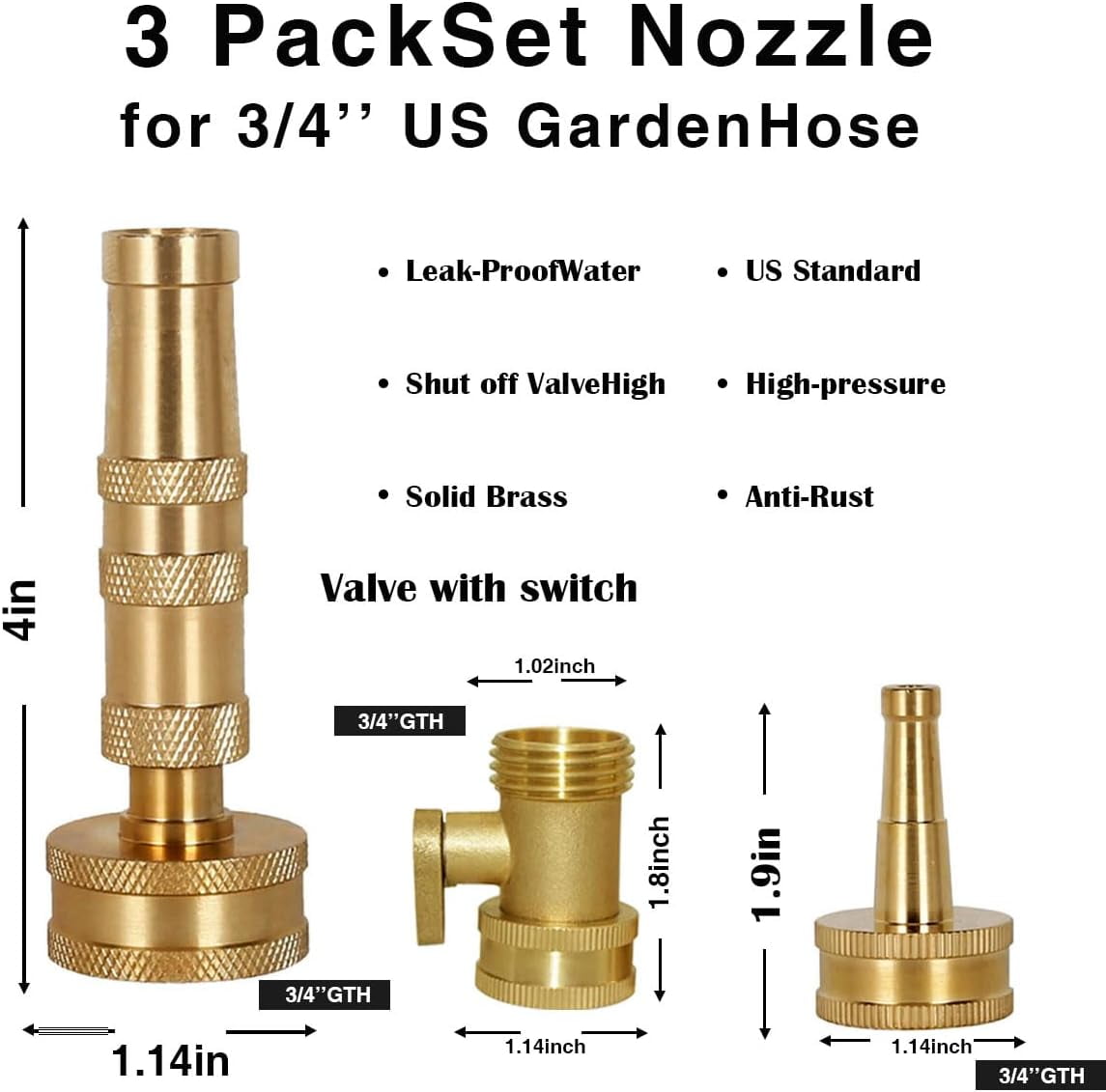 Heavy-Duty Brass Garden Hose Nozzle High Pressure 3 Pack Set with Adjustable Spray & Valve Control for Gardens, Lawns, Car Cleaning, and Patios Includes 3 Extra Anti-Leak Gaskets