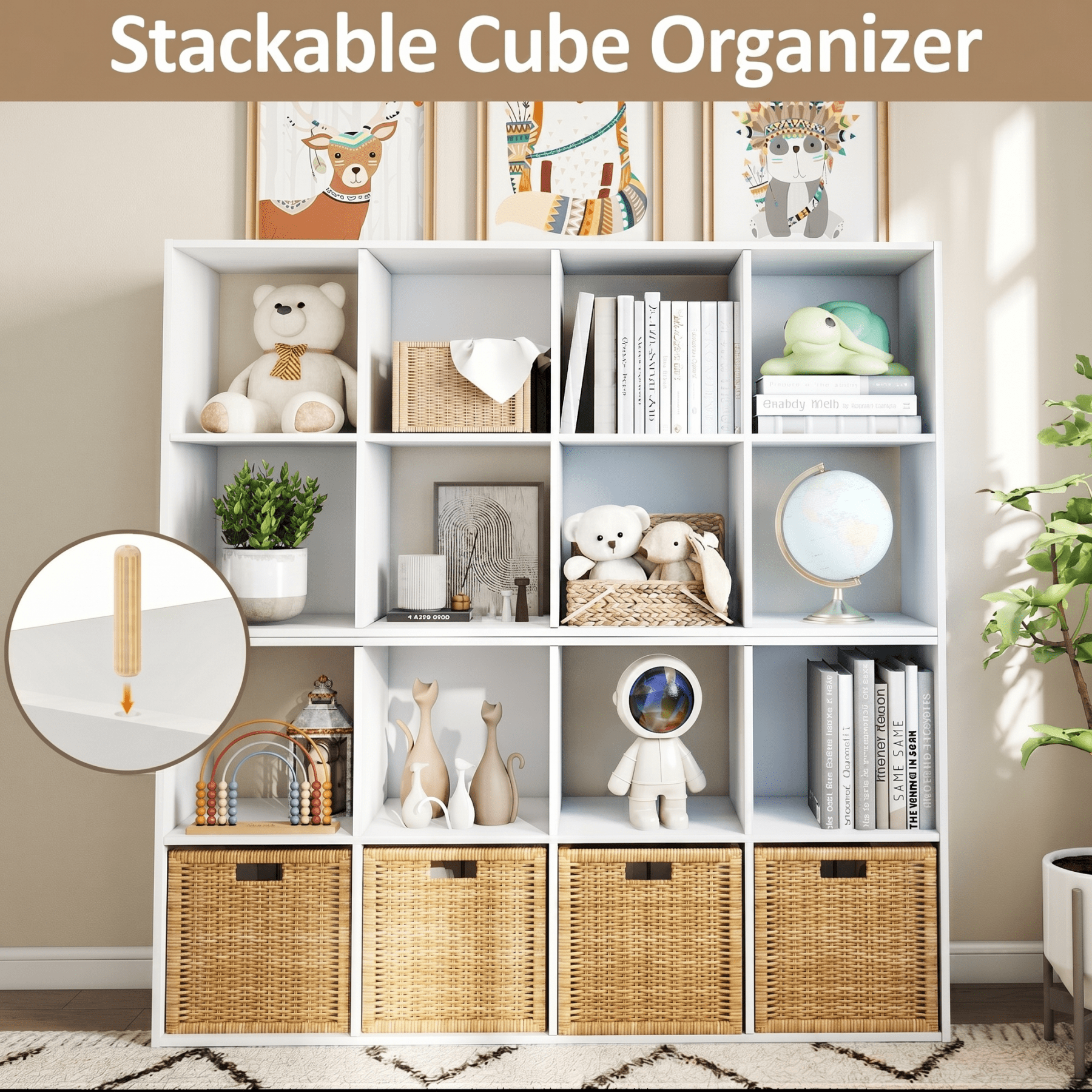 Prilinex 8-Cube Bookcase, Floor Standing Horizontal Bookshelf with Open Shelves & Anti-Tipping Kits, Cube Storage Organizer, Home Office Wooden Storage Book Shelf for Living Room, Study, White