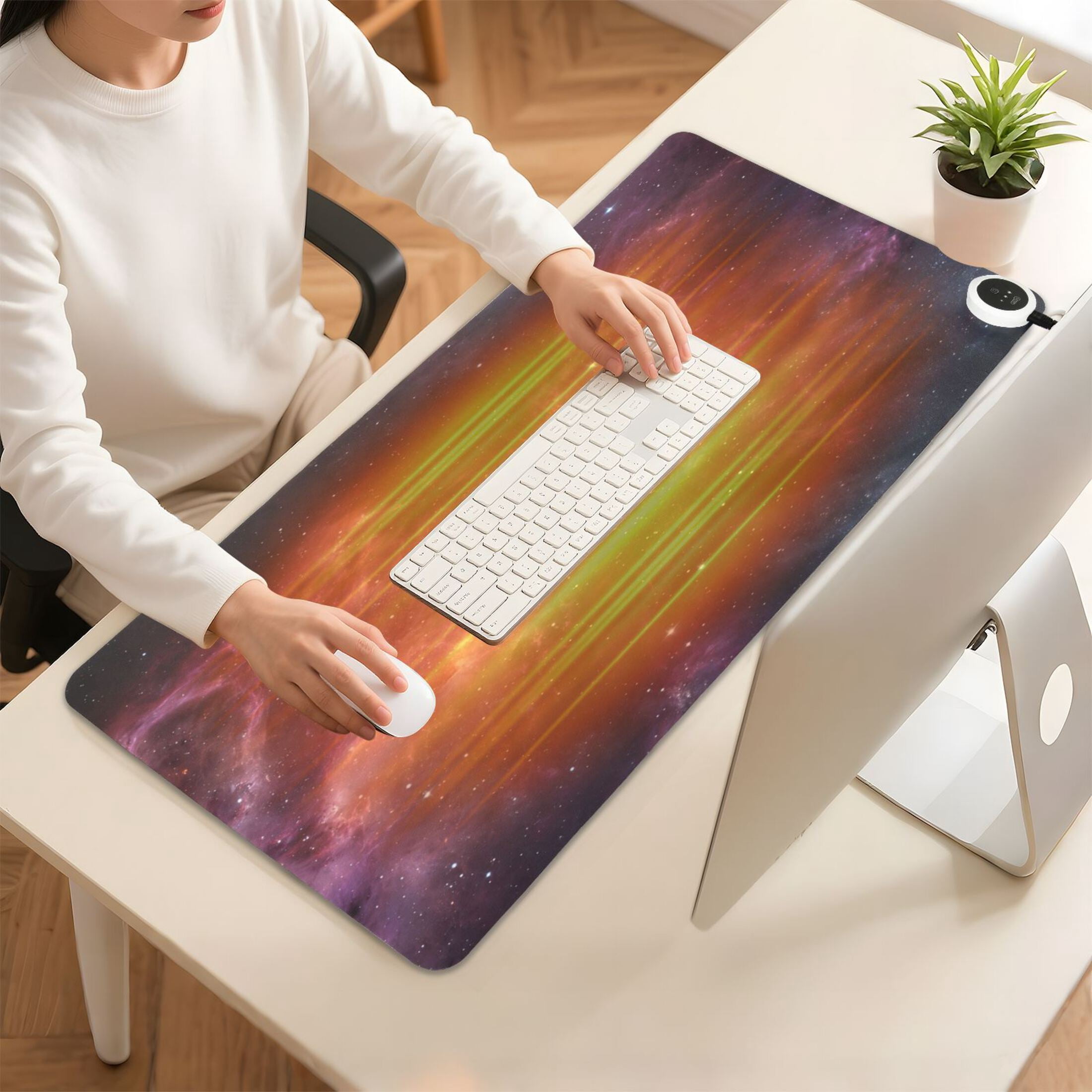 Large Heated Desk Mat Mouse Pad 31.5"x13"PU Leather Graphene Heating Desk Warmer with 3 Temperature Settings 110V US Plug Non-Slip Warm Pad for Home, Office, and Gaming Deep Space Nebula Art