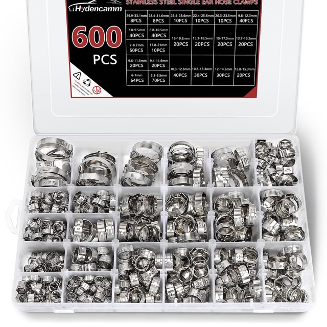 600PCS 22 Sizes Single Ear Hose Clamps, 5.3-33.1mm Crimp Hose Clamps 304 Stainless Steel, Ear Clamp Perfect for Automotive, Home Appliance Line, Pipe Hose