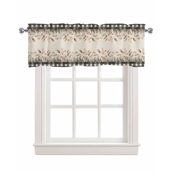 Farmhouse Flowers Kitchen Valances for Windows Farmhouse Linen Window Valance Curtain for Living Room Window Treatment Retro Country Floral Herbs Black Plaid Valance Rod Pocket Topper, 54 x 18 Inch