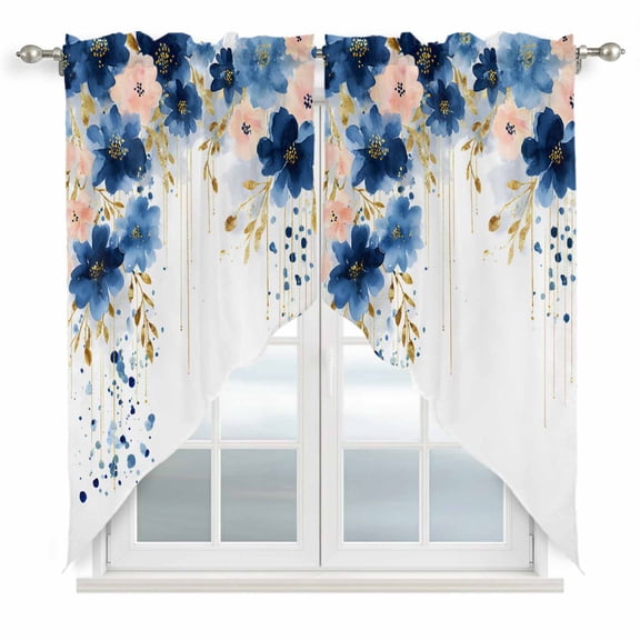 Navy Blue Spring Floral Swag Curtains for Living Room/Bedroom, Farmhouse Butterfly Swag Kitchen Curtain Valances for Windows, Tier Topper Scalloped Curtain 2 Panels, 72"W x 63"L