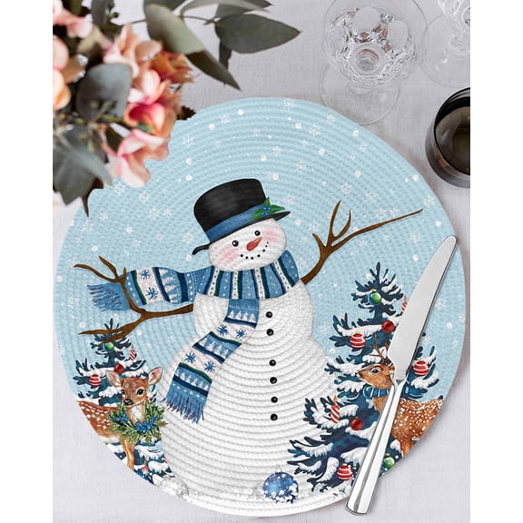 13 Inch Round Placemats Set of 6, Light Blue Snowman Christmas Non Slip Heat Insulation PP Table Mats, Xmas Tree Ball Snowflake Elk Washable Place Mats for Kitchen Dining Party Table Decor
